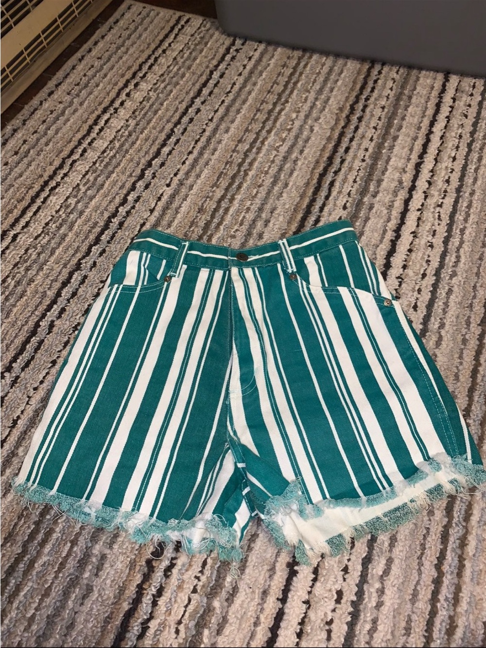 vintage bonjour Striped Green and White High-Waist Shorts